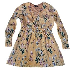 Lulus Floral Long Sleeve Surplice Dress Mustard Yellow A-Line Size L